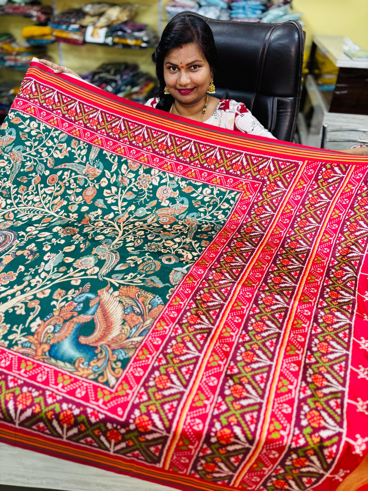 Rajkot Patola Silk Sarees 
With Kalamkari Design 
With hand oven tussles 
Highlights with patola borders