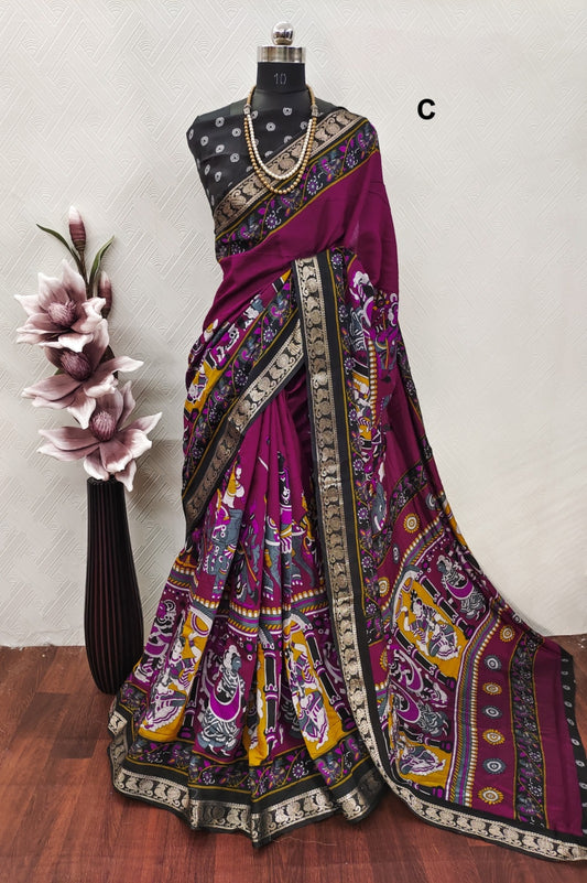 Mangalgiri Madhubani Pattu 
With contrast butti blouse 
And Kanchi weaving borders