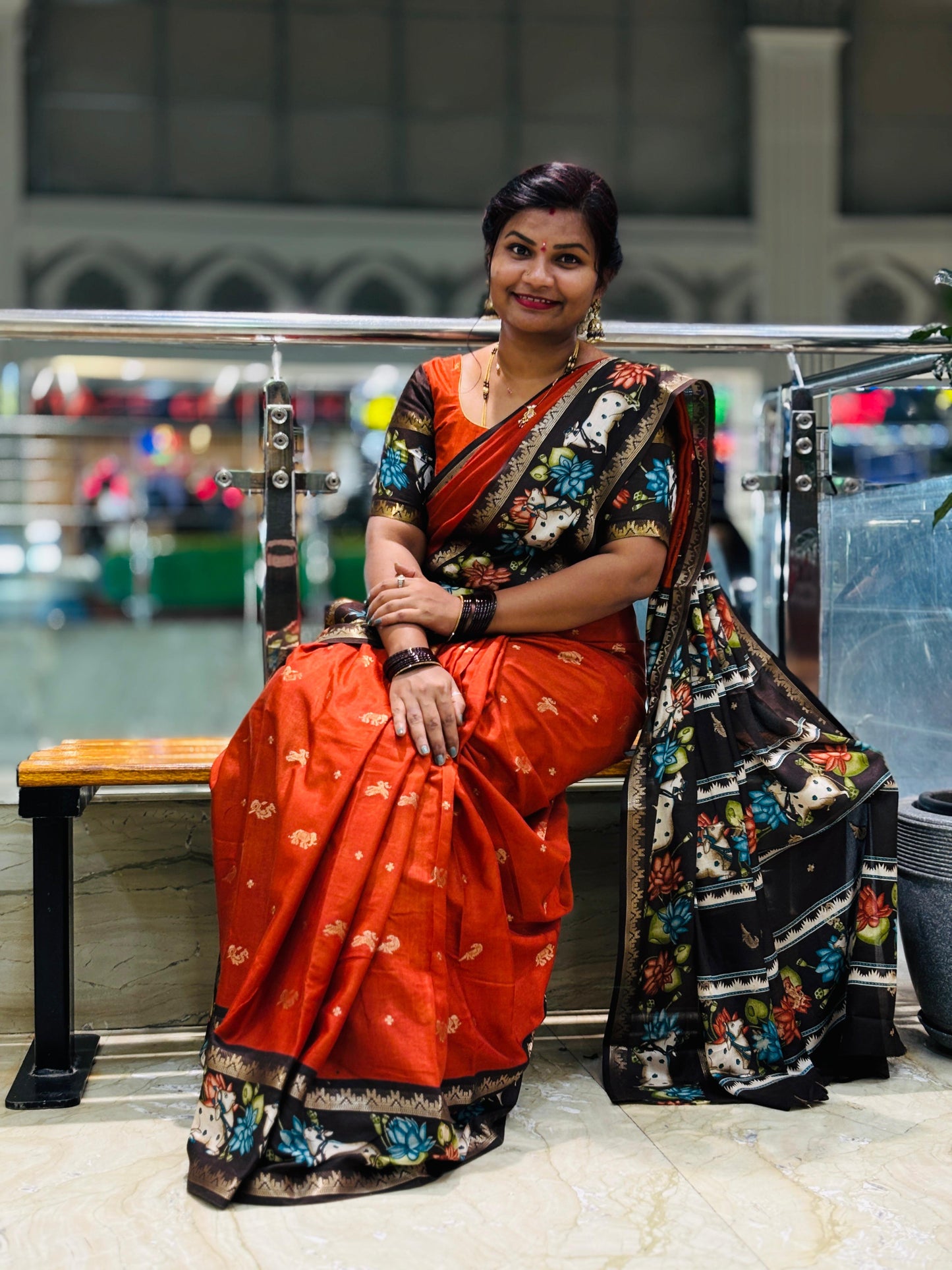 Rust Orange Mangalgiri Pichwai Pattu Sarees