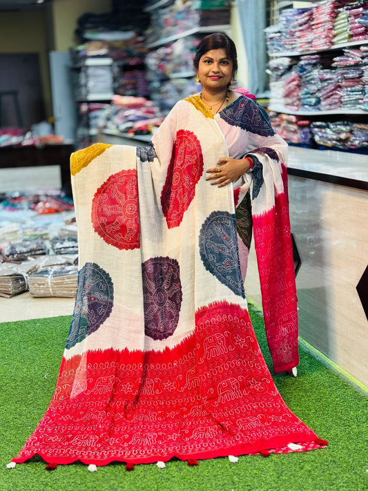 Red Premium Bandini Lenin Sarees