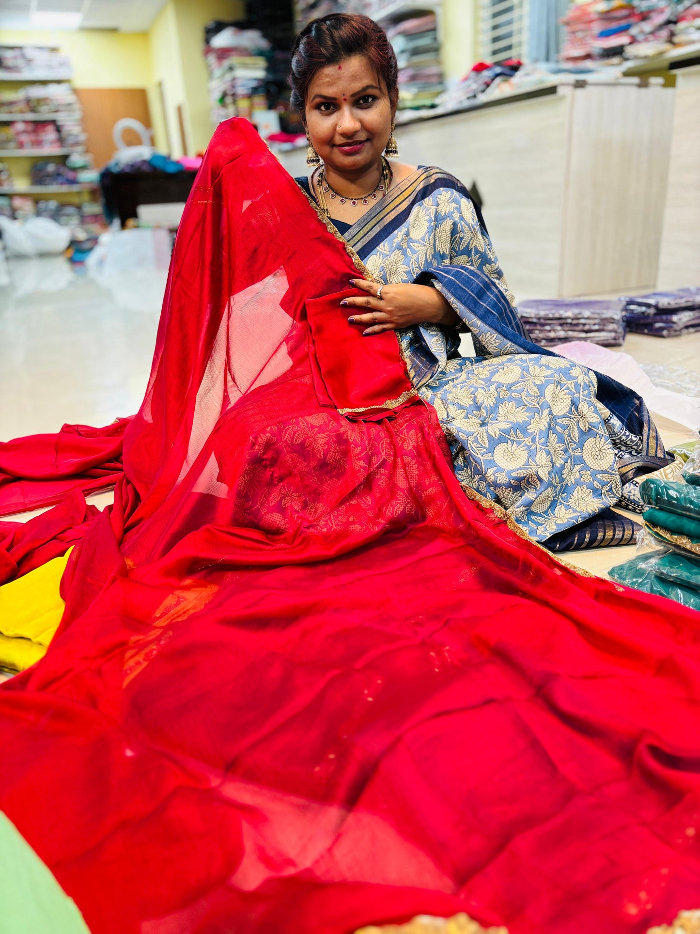 Red Georgette Lace Borders