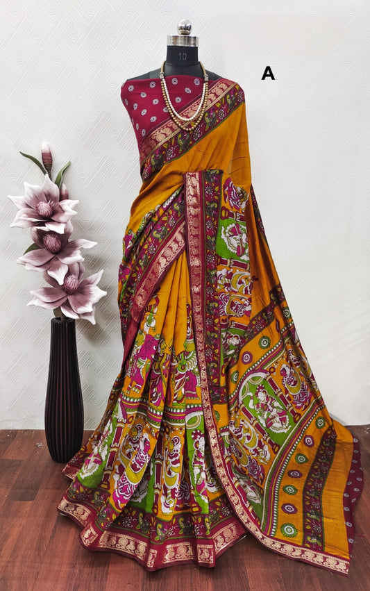 Mangalgiri Madhubani Pattu 
With contrast butti blouse 
And Kanchi weaving borders