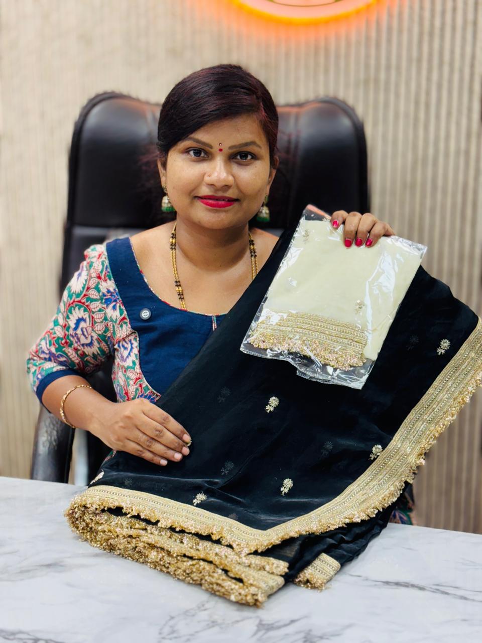 Space Silk Lace Border Saree - Black
