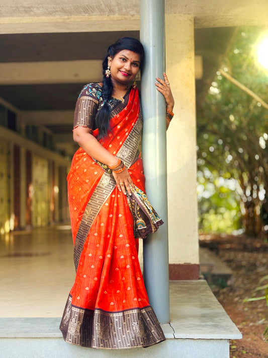 Rust orange coffee brown 
Semi Kanchi Pattu 
Kanchi warm borders