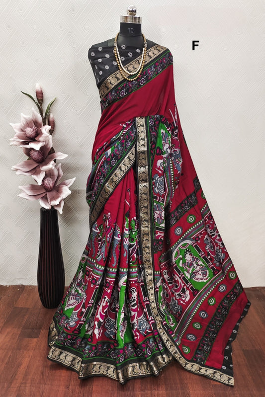 Mangalgiri Madhubani Pattu 
With contrast butti blouse 
And Kanchi weaving borders
