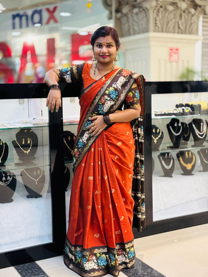 Rust Orange Mangalgiri Pichwai Pattu Sarees