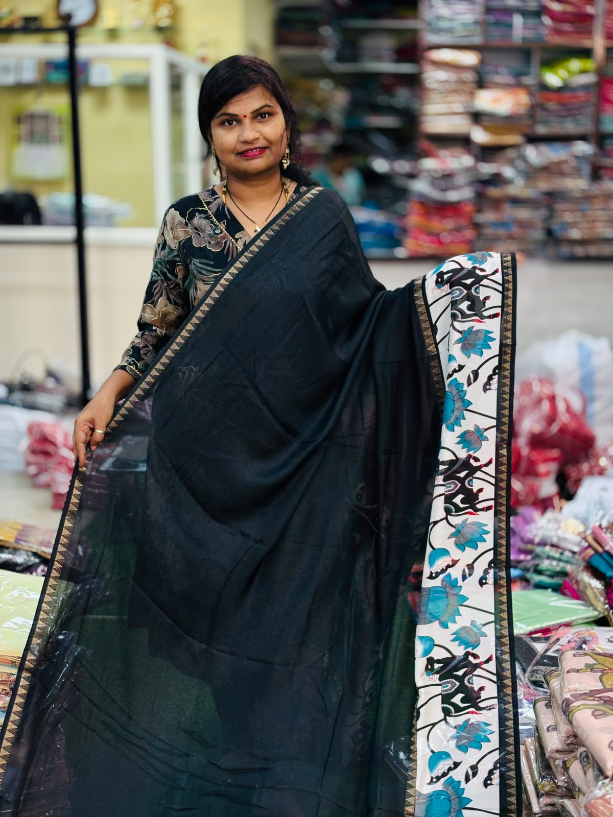 Mangalagiri Pichwai Georgette Saree Black