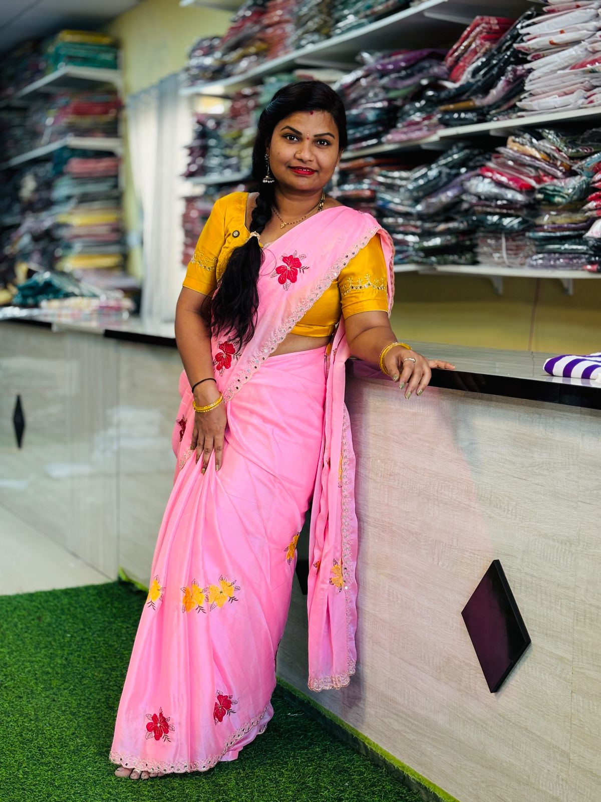 Pink Georgette Mirror work