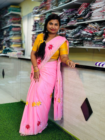 Pink Georgette Mirror work