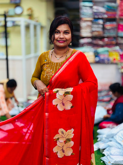 Mangalagiri Georgette Saree Red
