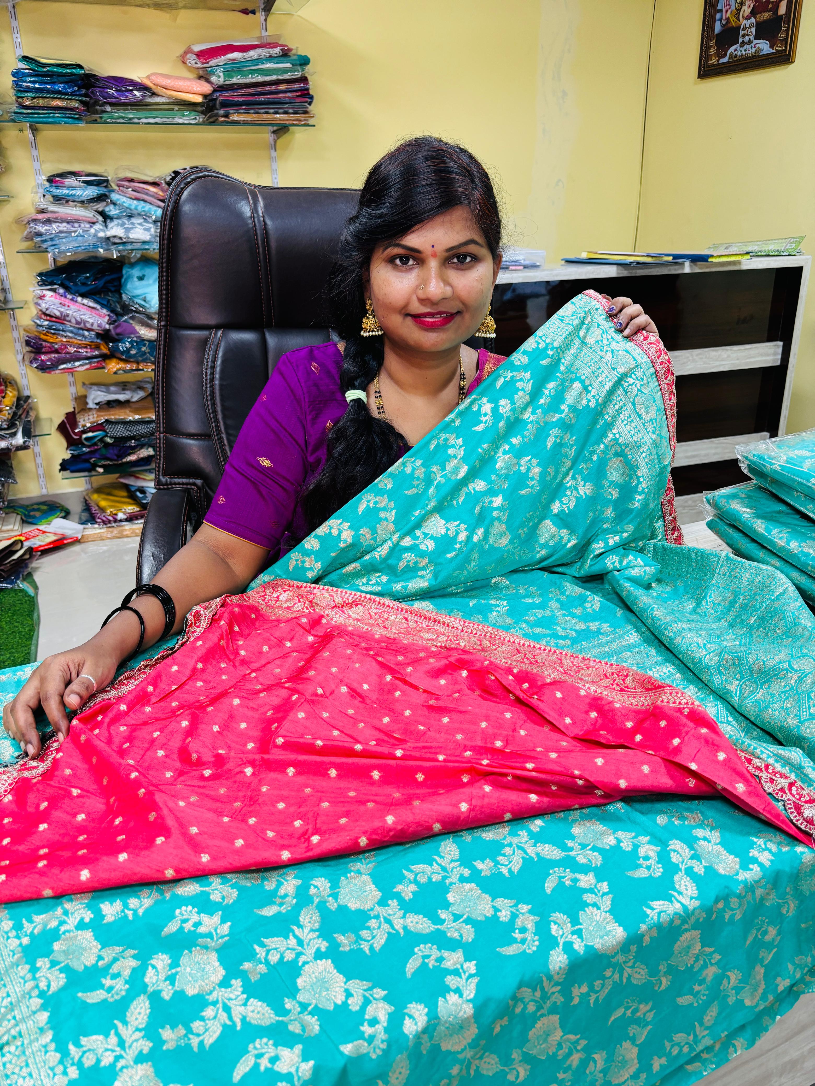 Banarasi Moonga checks With lace borders – Sarees by Siva