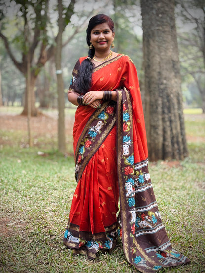 Rust Orange Mangalgiri Pichwai Pattu Sarees