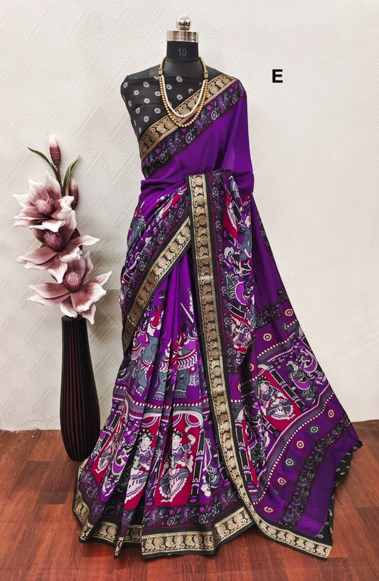 Mangalgiri Madhubani Pattu 
With contrast butti blouse 
And Kanchi weaving borders
