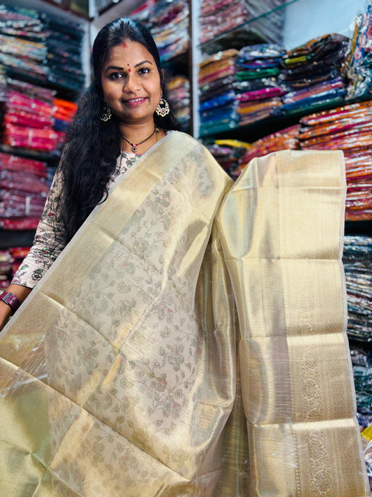 Plain tissue sarees with Kanchi borders