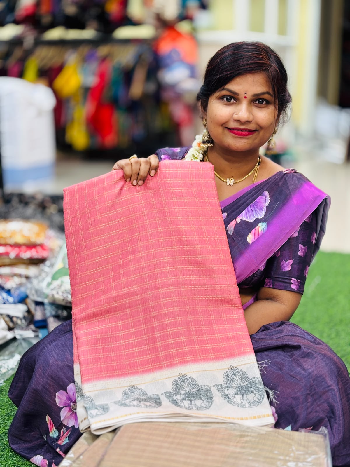 Kalamkari Crepe Checks Saree