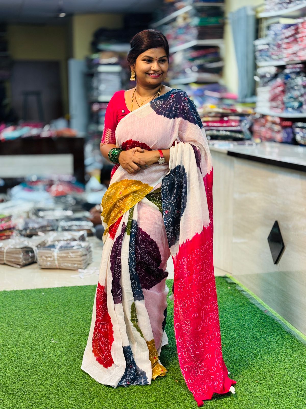 Pink Premium Bandini Lenin Sarees