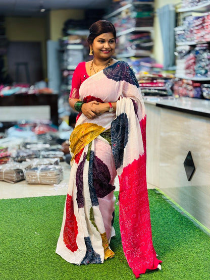 Pink Premium Bandini Lenin Sarees