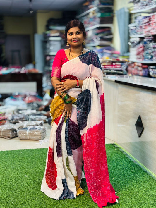 Pink Premium Bandini Lenin Sarees