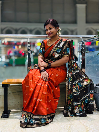 Rust Orange Mangalgiri Pichwai Pattu Sarees