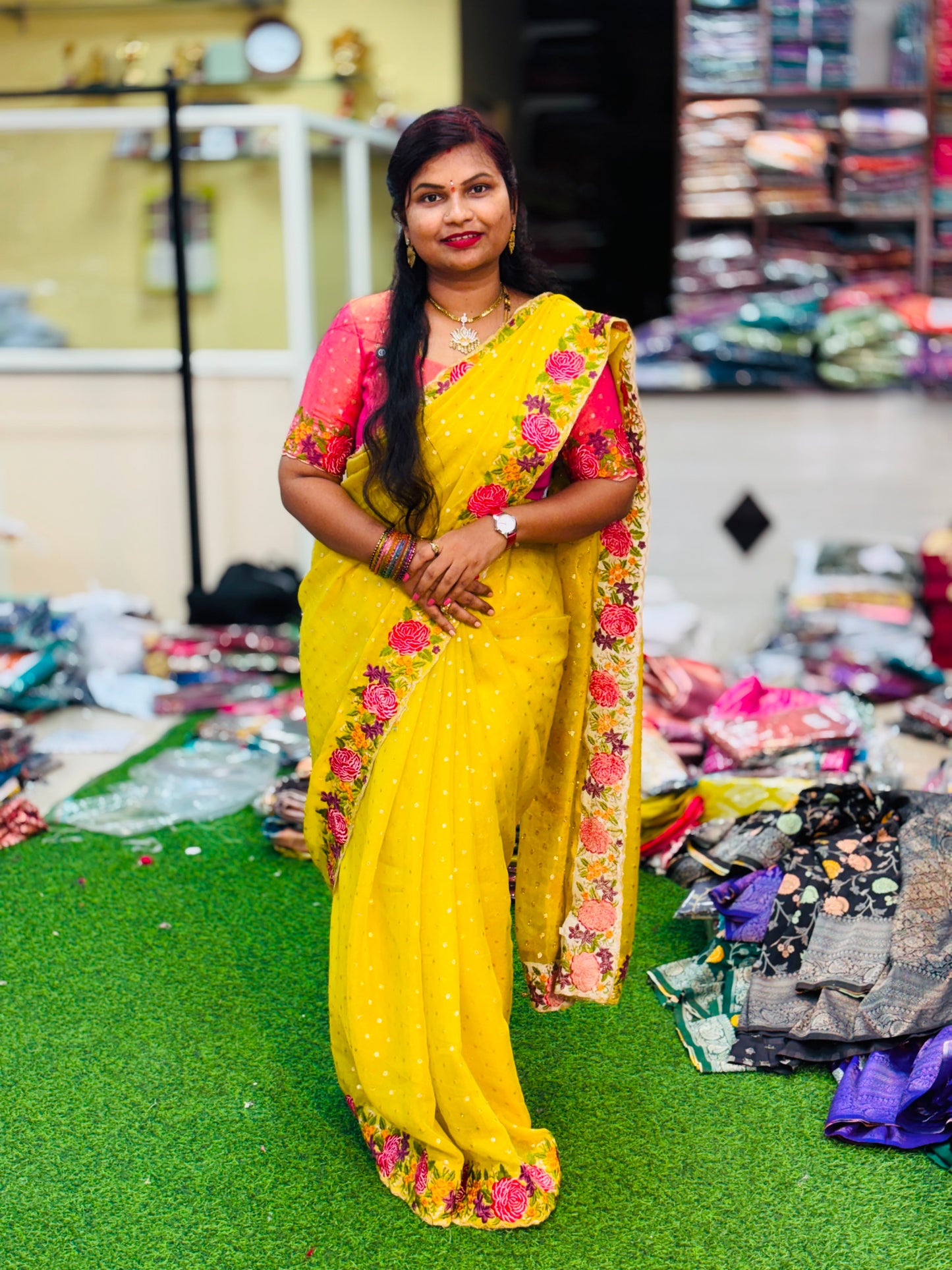 Glossy Georgette Cutwork Sarees - Yellow