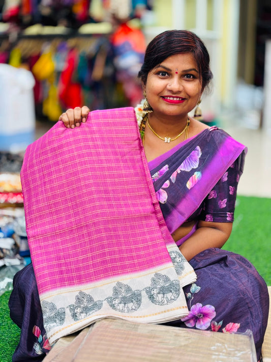 Kalamkari Crepe Checks Saree