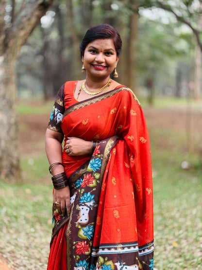 Rust Orange Mangalgiri Pichwai Pattu Sarees